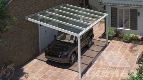 Klassieke carport in mat wit van 5.06 x 3.5 meter met glazen dak