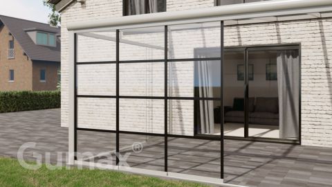 Steel Look glass sliding door 3-rail system matt white 2940mm wide with passage height of 2080mm – 2120mm