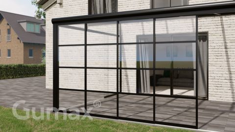 Steel Look glass sliding door 4-rail system matt black 3920mm wide with passage height of 2580mm – 2620mm