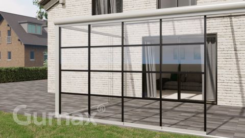 Steel Look glass sliding door 4-rail system matt white 3920mm wide with passage height of 2380mm – 2420mm