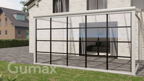 Steel Look glass sliding door 5-rail system matt white 4900mm wide with passage height of 2480mm – 2520mm