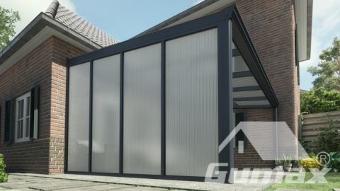 Terrasoverkapping zijwand 3.5m diep mat antraciet opaal polycarbonaat